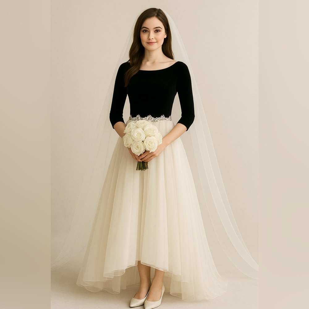 Winter Wedding?! Vintage Black Velvet & White Satin/Tulle High Low Dress Size 6